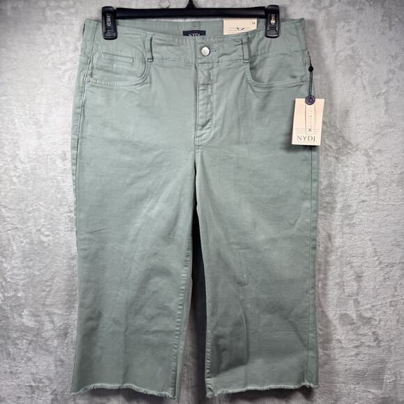 NYDJ Brigitte Wide Leg High Rise Pant Women 14 Green Capri Raw Hem Lift Tuck NEW - Picture 1 of 15
